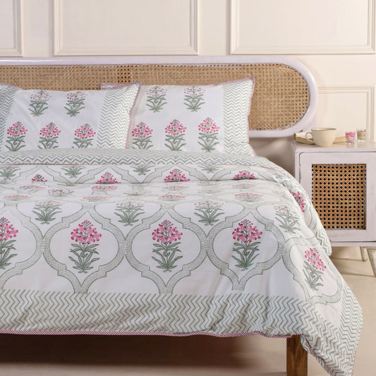 Pink Periwinkle Jaipur Hand Block Print Reversible Duvet Cover with Two Pillowcases, 100% Organic Cotton.