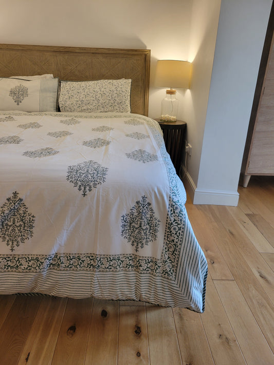 Handblock Print Organic Cotton Duvet Cover Set – Taj Mahal Inspired Damask