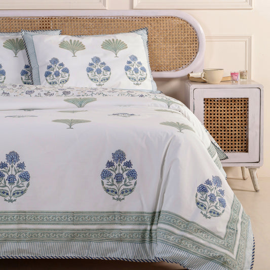 Blue Lotus and Plam Jaipur Hand Block Print Duvet Cover Set with 2 Pillowcases, 100% Cotton