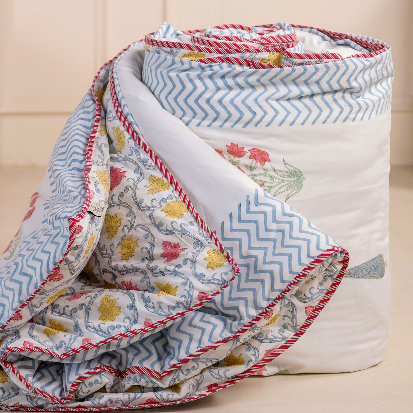 Jaipur Hand Block Print Red Peony Reversible Duvet Cover with Two Pillowcases, 100% organic fine cotton.