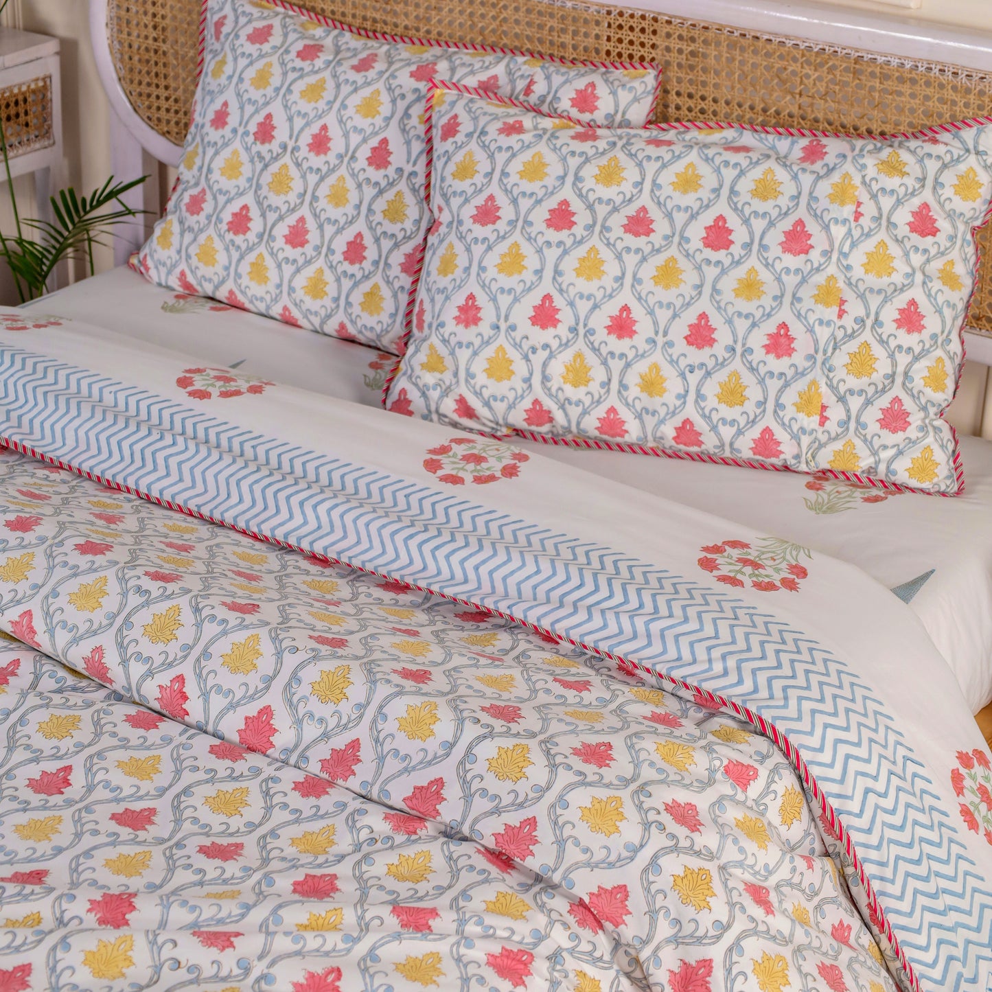 Jaipur Hand Block Print Red Peony Reversible Duvet Cover with Two Pillowcases, 100% organic fine cotton.