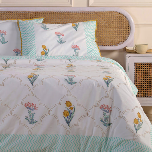 Daffodils and Hydrangea Jaipur Hand Block Print Reversible Duvet Cove with 2 Pillowcases 100% Organic Cotton