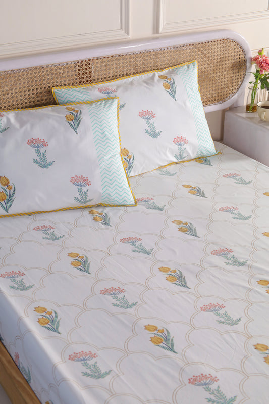 Daffodils and Hydrangea Jaipur Hand Block Printed Fitted Sheet 100% organic Cotton