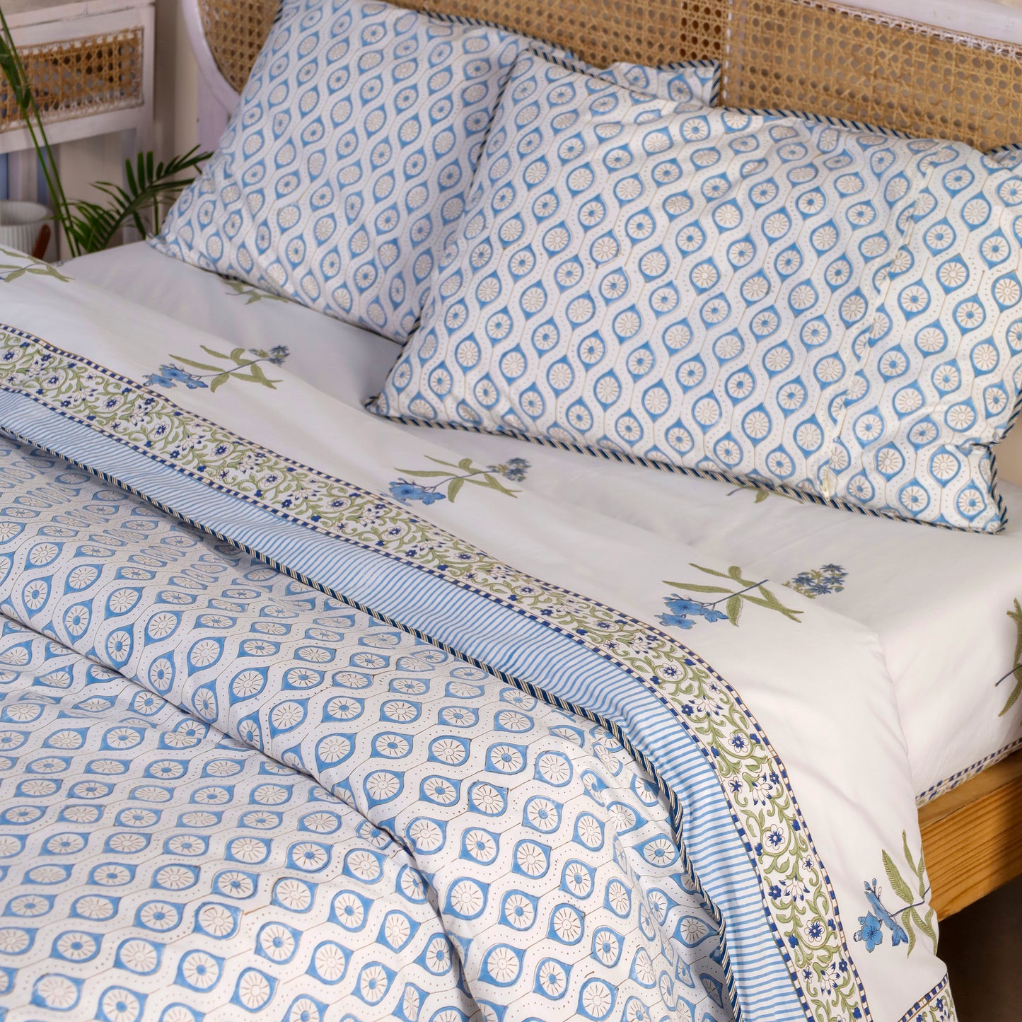 Ocean Lily Jaipur Hand Block Print Duvet Cover with 2 Pillowcases 100% Organic Cotton