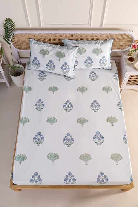 Blue Lotus Hand Block Printed Fitted Sheet 100 % Fine Organic Cotton.