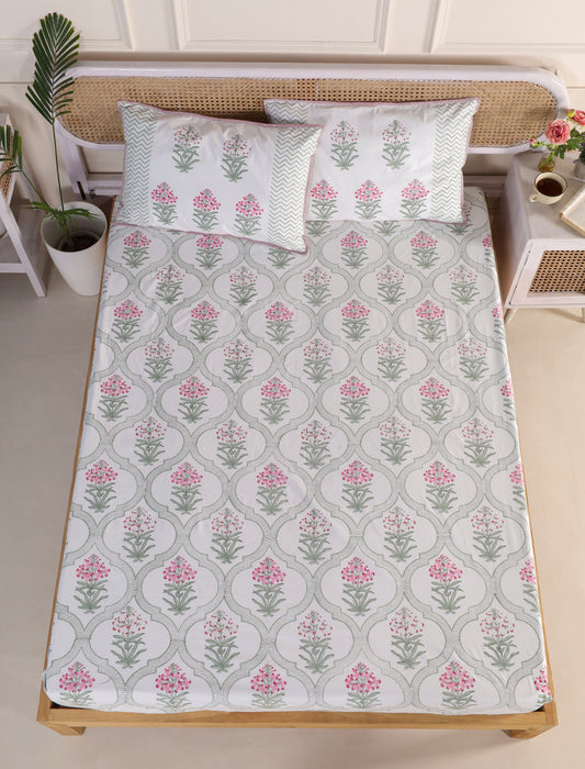 Pink Periwinkle Jaipur Hand Block Printed Fitted Sheet, 100% Fine Organic Cotton.