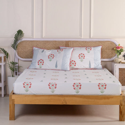 Red Peony Jaipur Hand Block Printed Fitted Sheet 100% Fine Organic Cotton.