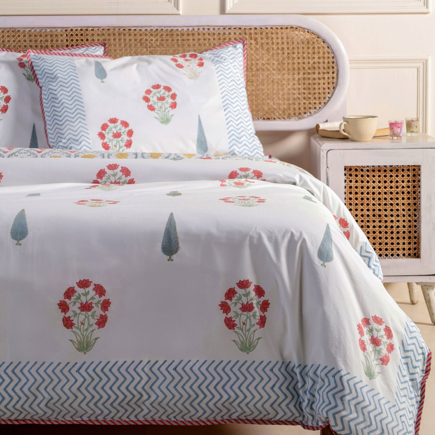 red peony printed authentic jaipur block printe cotton duvet cover, pillow cases and fitted bedsheet in single, double, king and super king size