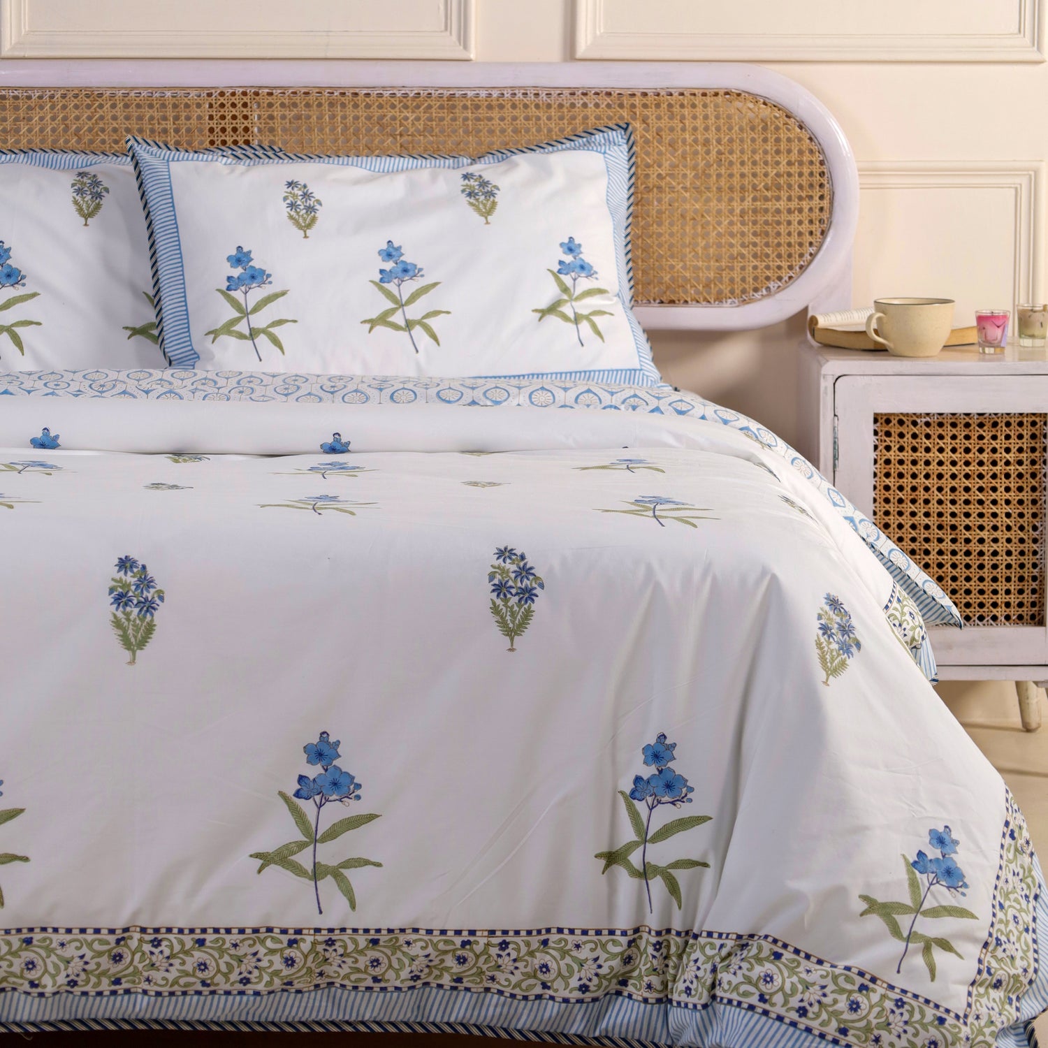 duvet cover, pillow cases and fitted sheet authentic hand block print with ocean lilies in single, double, king and suer king sizes
