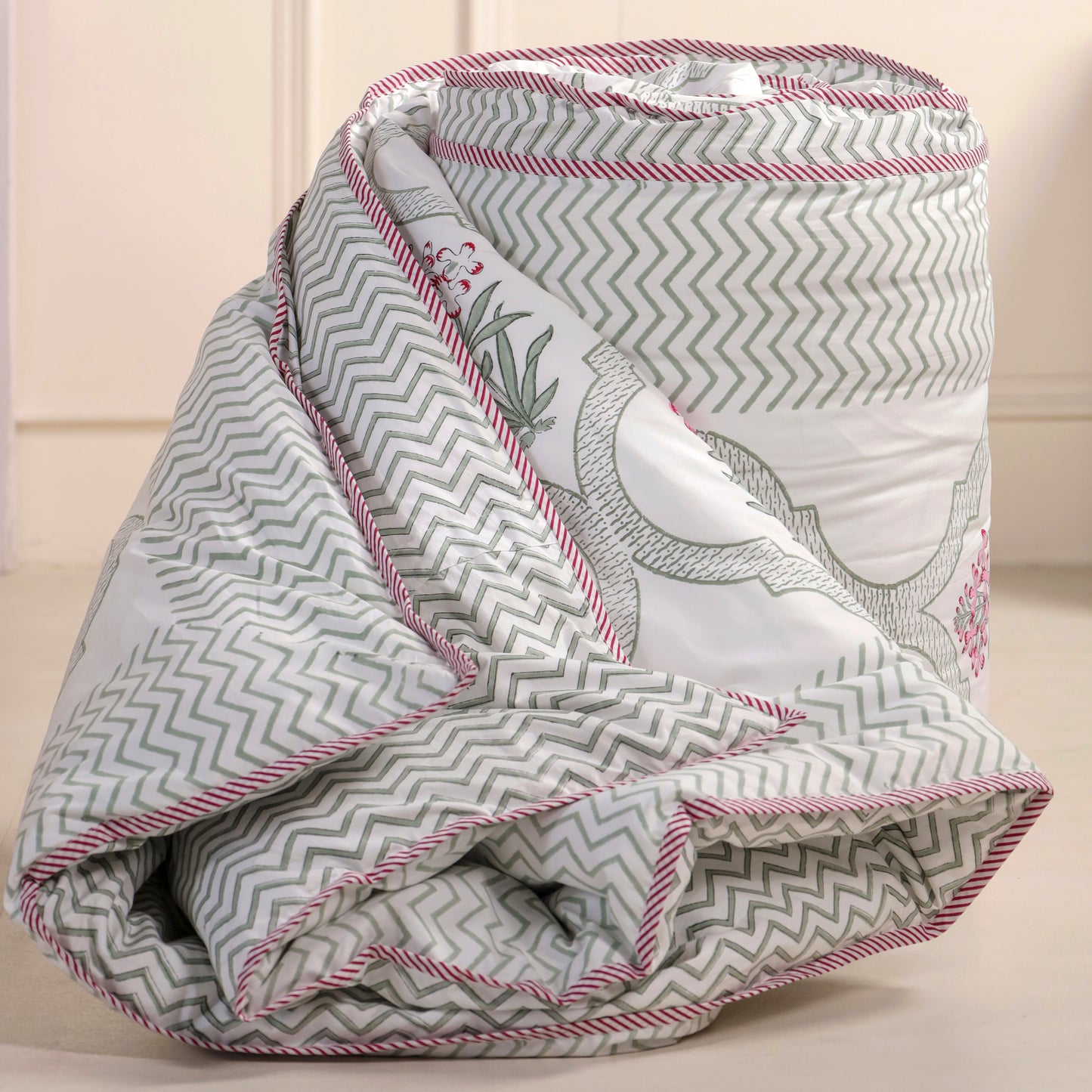 Pink Periwinkle Jaipur Hand Block Print Reversible Duvet Cover with Two Pillowcases, 100% Organic Cotton.
