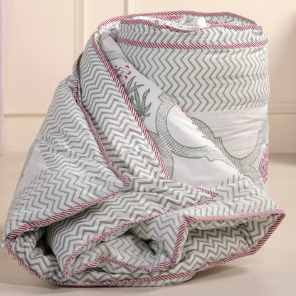 Pink Periwinkle Jaipur Hand Block Print Reversible Duvet Cover with Two Pillowcases, 100% Organic Cotton.