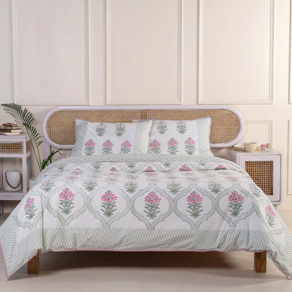 Pink Periwinkle Jaipur Hand Block Print Reversible Duvet Cover with Two Pillowcases, 100% Organic Cotton.