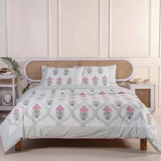 Pink Periwinkle Jaipur Hand Block Print Reversible Duvet Cover with Two Pillowcases, 100% Organic Cotton.