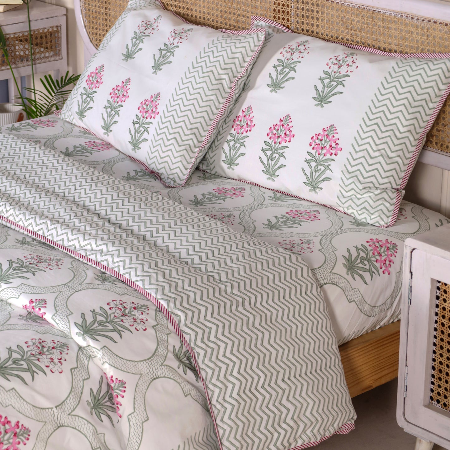 Pink Periwinkle Jaipur Hand Block Print Reversible Duvet Cover with Two Pillowcases, 100% Organic Cotton.