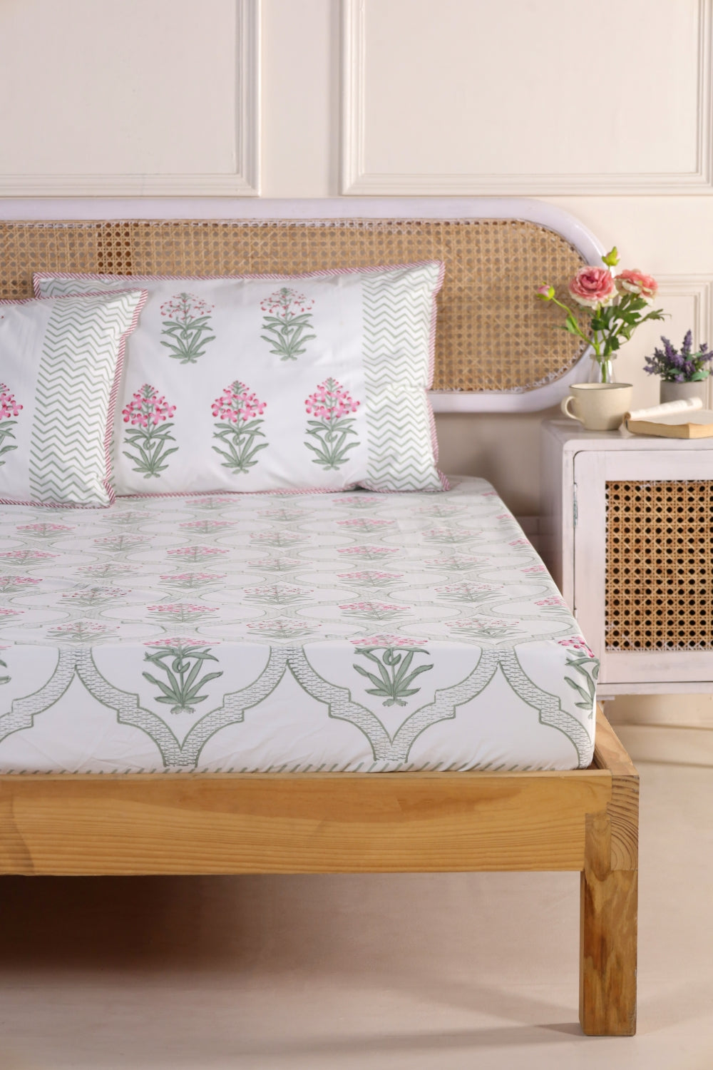 Pink Periwinkle Jaipur Hand Block Printed Fitted Sheet, 100% Fine Organic Cotton.
