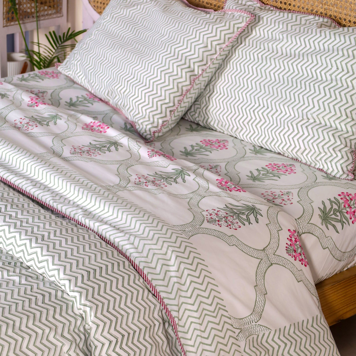 Pink Periwinkle Jaipur Hand Block Print Reversible Duvet Cover with Two Pillowcases, 100% Organic Cotton.