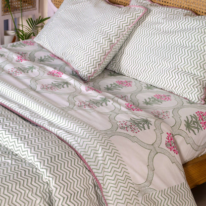 Pink Periwinkle Jaipur Hand Block Print Reversible Duvet Cover with Two Pillowcases, 100% Organic Cotton.