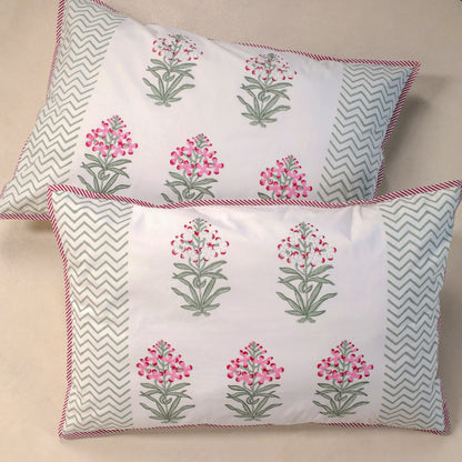 Pink Periwinkle Jaipur Hand Block Print Reversible Duvet Cover with Two Pillowcases, 100% Organic Cotton.