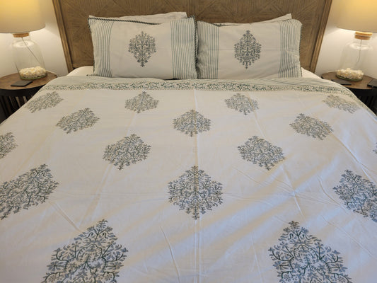 Handblock Print Organic Cotton Duvet Cover Set – Taj Mahal Inspired Damask