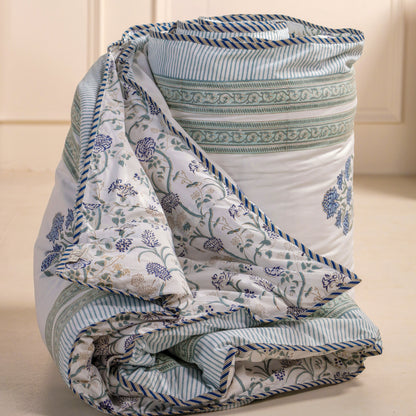 Blue Lotus and Plam Jaipur Hand Block Print Duvet Cover Set with 2 Pillowcases, 100% Cotton