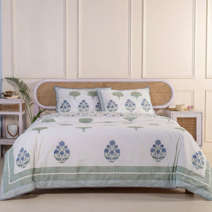 Blue Lotus and Plam Jaipur Hand Block Print Duvet Cover Set with 2 Pillowcases, 100% Cotton