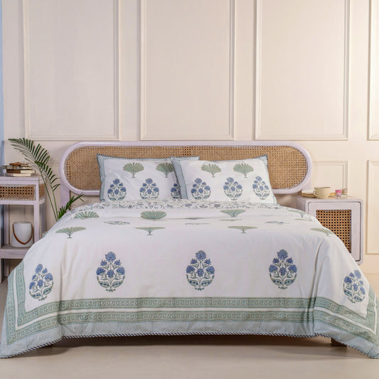 Blue Lotus and Plam Jaipur Hand Block Print Duvet Cover Set with 2 Pillowcases, 100% Cotton