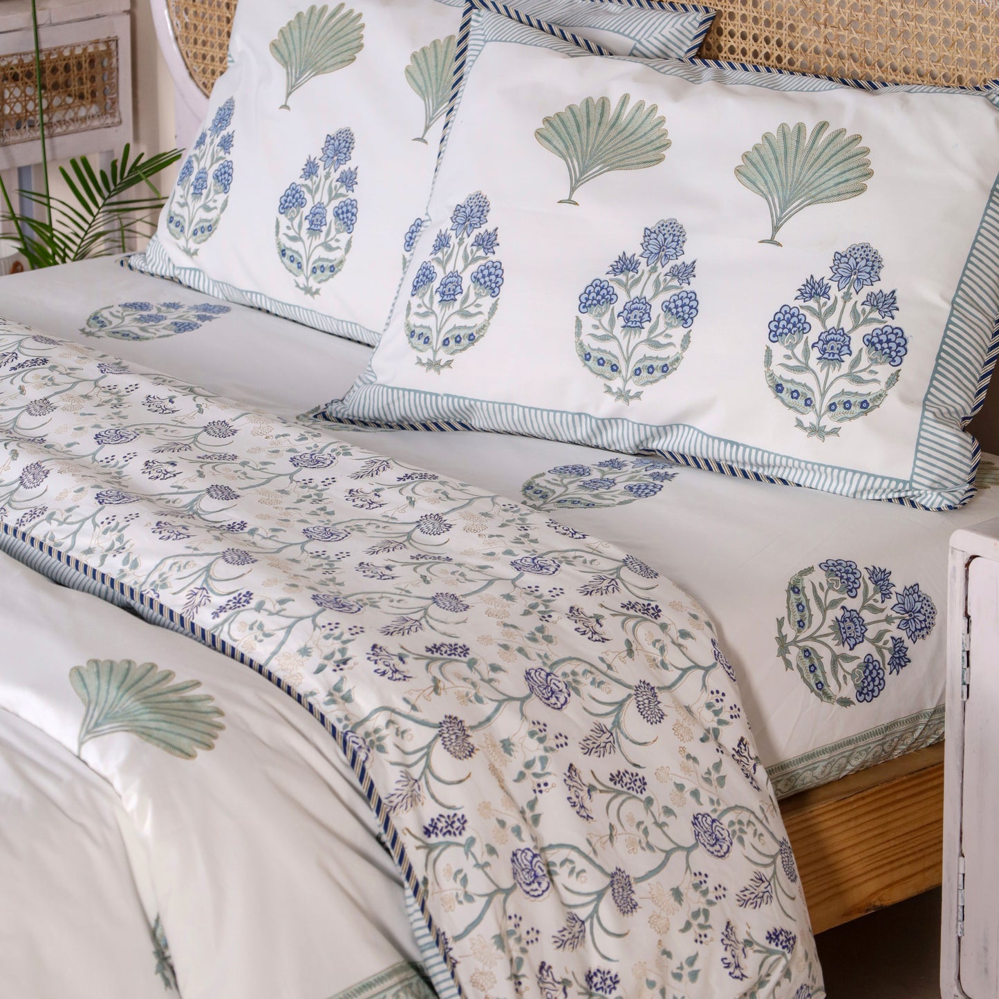 Blue Lotus and Plam Jaipur Hand Block Print Duvet Cover Set with 2 Pillowcases, 100% Cotton
