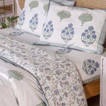 Blue Lotus and Plam Jaipur Hand Block Print Duvet Cover Set with 2 Pillowcases, 100% Cotton