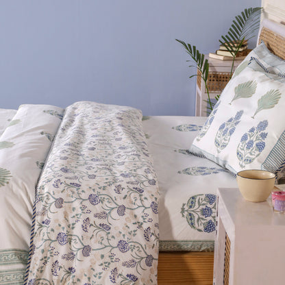 Blue Lotus and Plam Jaipur Hand Block Print Duvet Cover Set with 2 Pillowcases, 100% Cotton