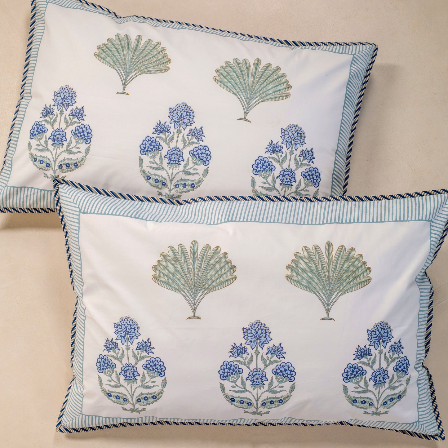 Blue Lotus and Plam Jaipur Hand Block Print Duvet Cover Set with 2 Pillowcases, 100% Cotton