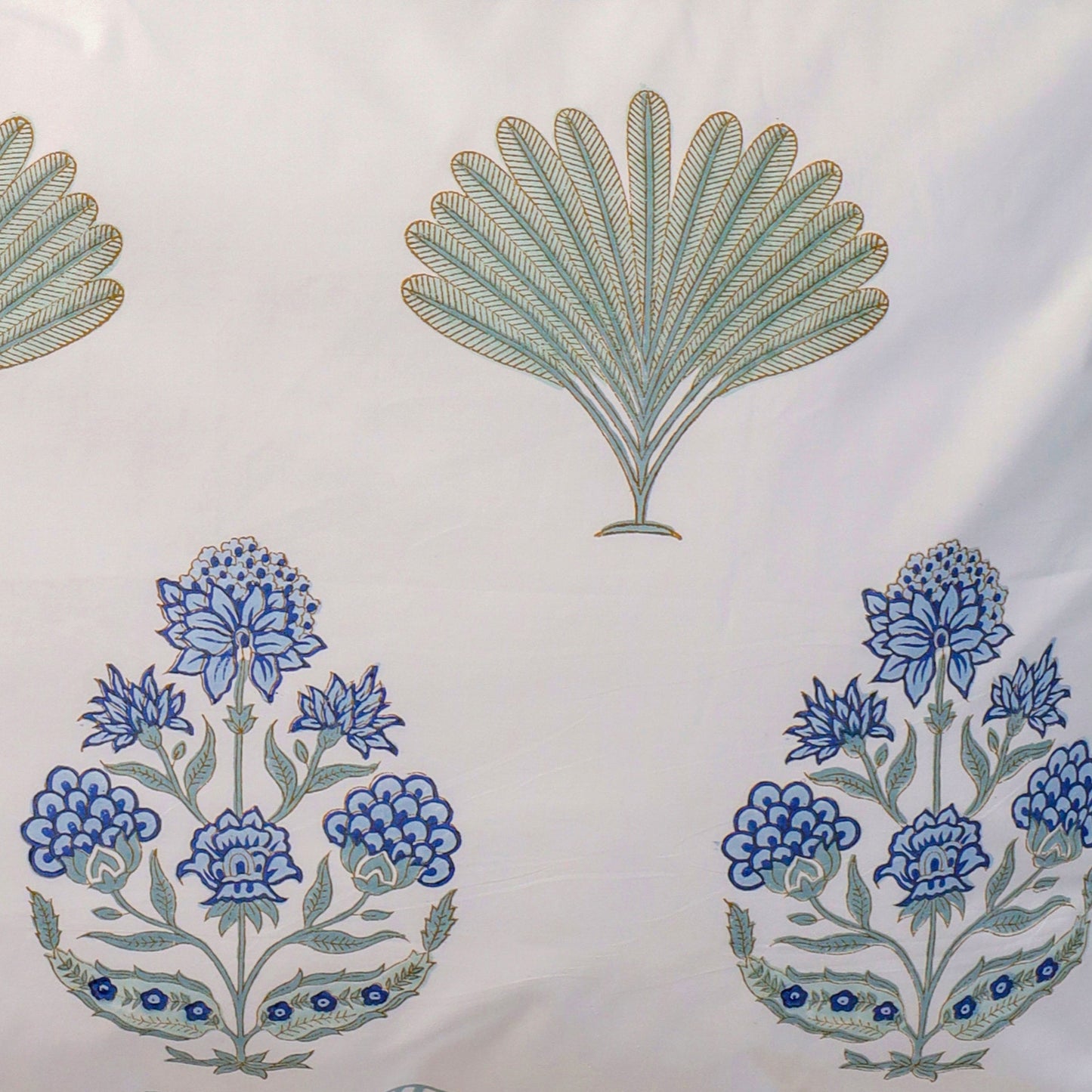 Blue Lotus Hand Block Printed Fitted Sheet 100 % Fine Organic Cotton.
