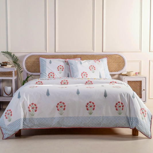 Jaipur Hand Block Print Red Peony Reversible Duvet Cover with Two Pillowcases, 100% organic fine cotton.