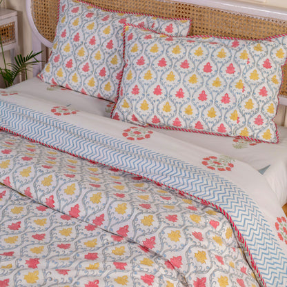 Jaipur Hand Block Print Red Peony Reversible Duvet Cover with Two Pillowcases, 100% organic fine cotton.