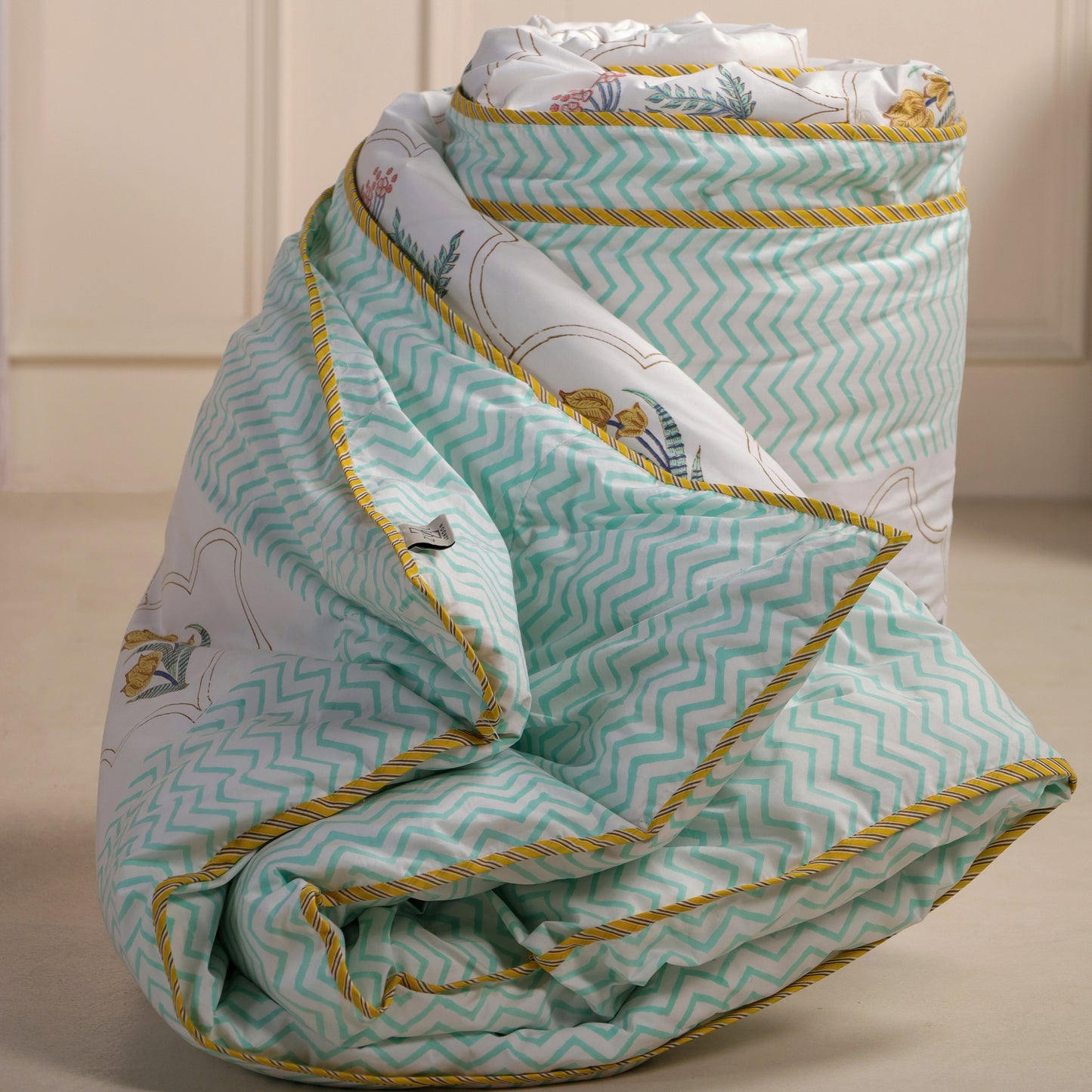 Daffodils and Hydrangea Jaipur Hand Block Print Reversible Duvet Cove with 2 Pillowcases 100% Organic Cotton