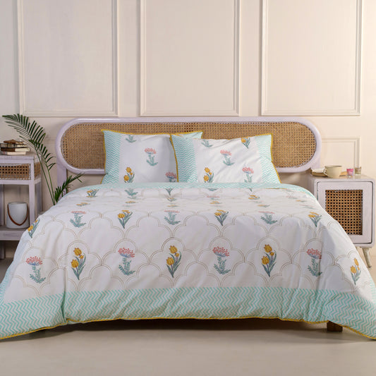 Daffodils and Hydrangea Jaipur Hand Block Print Reversible Duvet Cove with 2 Pillowcases 100% Organic Cotton