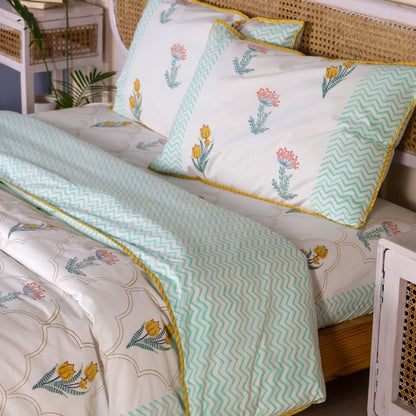 Daffodils and Hydrangea Jaipur Hand Block Print Reversible Duvet Cove with 2 Pillowcases 100% Organic Cotton