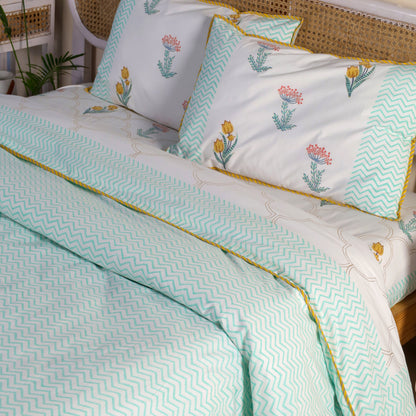 Daffodils and Hydrangea Jaipur Hand Block Print Reversible Duvet Cove with 2 Pillowcases 100% Organic Cotton