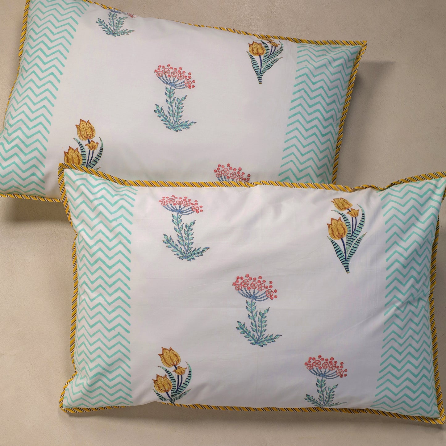 Daffodils and Hydrangea Jaipur Hand Block Print Reversible Duvet Cove with 2 Pillowcases 100% Organic Cotton