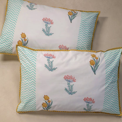 Daffodils and Hydrangea Jaipur Hand Block Print Reversible Duvet Cove with 2 Pillowcases 100% Organic Cotton