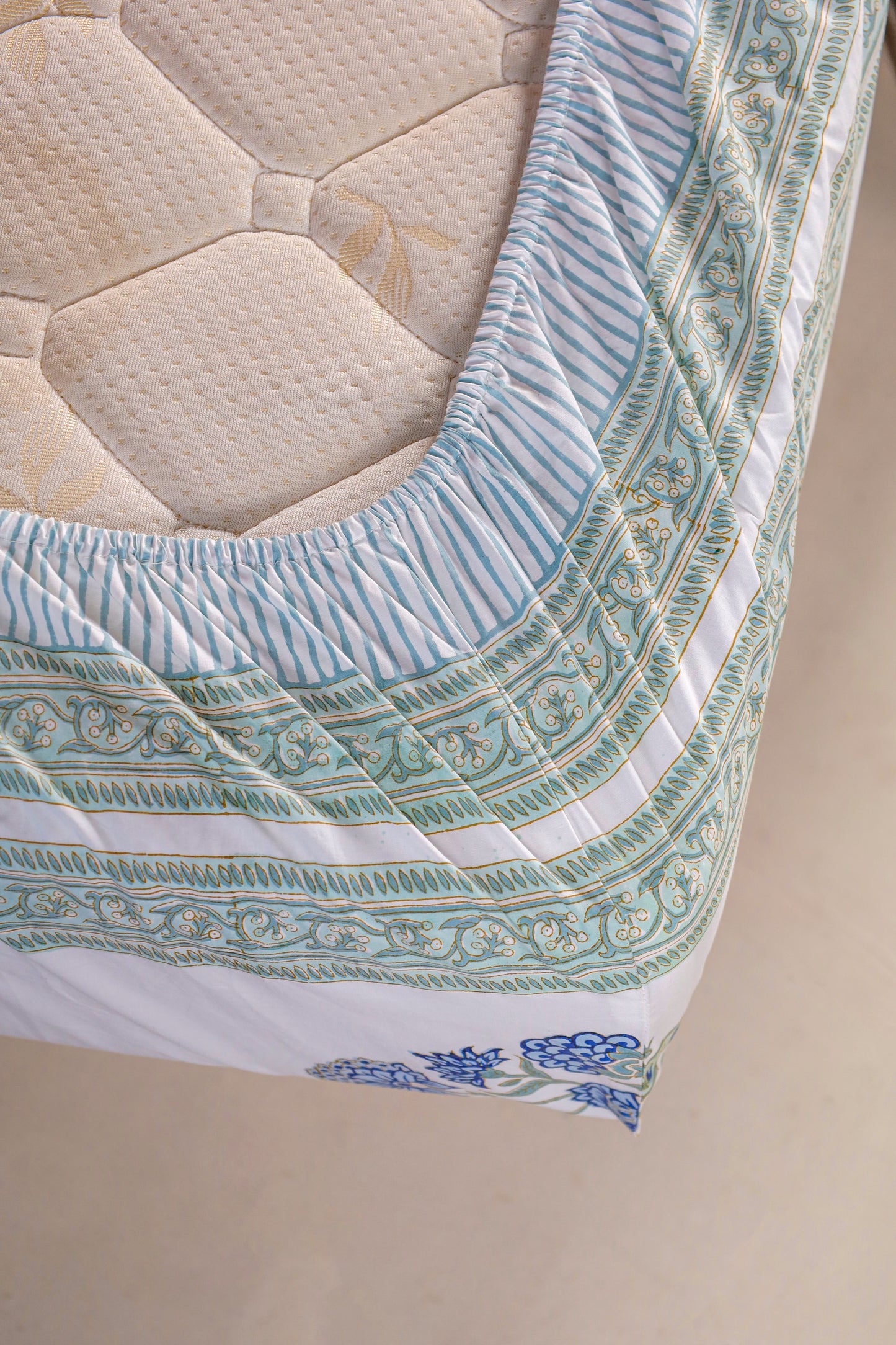 Blue Lotus Hand Block Printed Fitted Sheet 100 % Fine Organic Cotton.