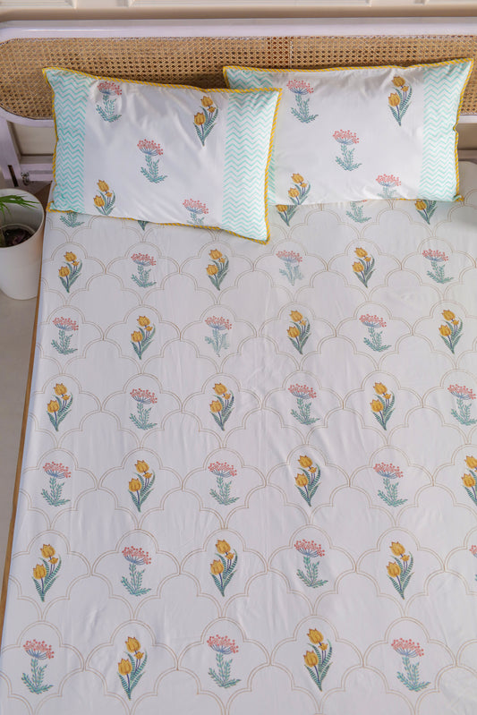 Daffodils and Hydrangea Jaipur Hand Block Printed Fitted Sheet 100% organic Cotton