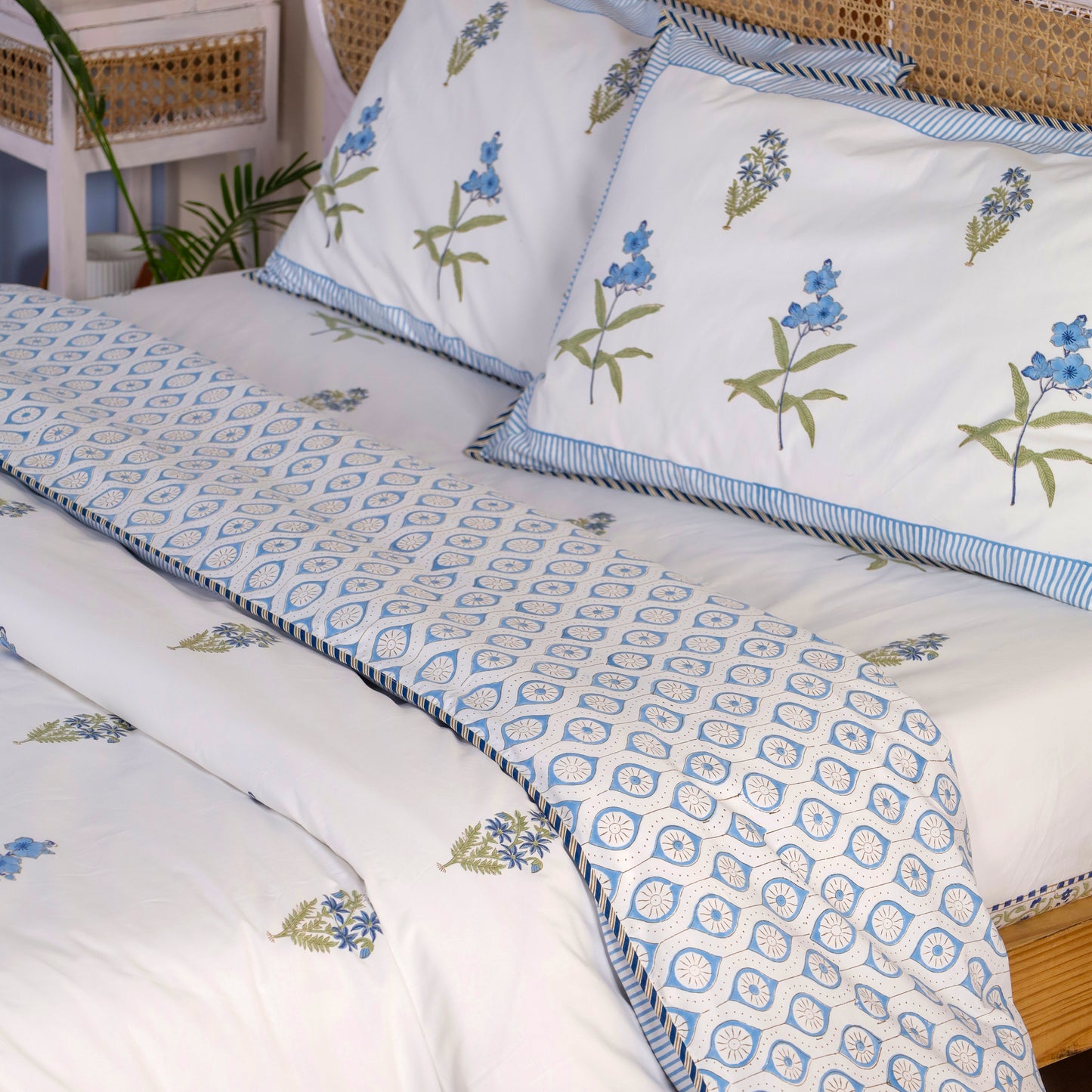 Ocean Lily Jaipur Hand Block Print Duvet Cover with 2 Pillowcases 100% Organic Cotton