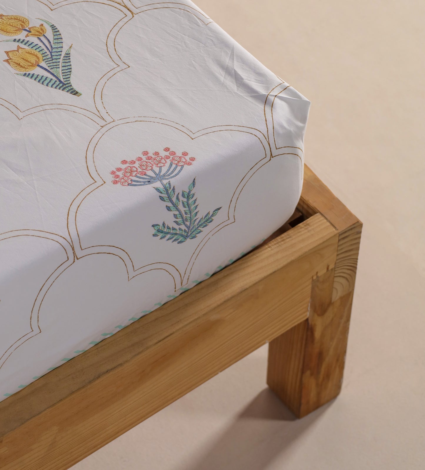 Daffodils and Hydrangea Jaipur Hand Block Printed Fitted Sheet 100% organic Cotton