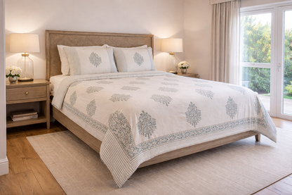 Handblock Print Organic Cotton Duvet Cover Set – Taj Mahal Inspired Damask