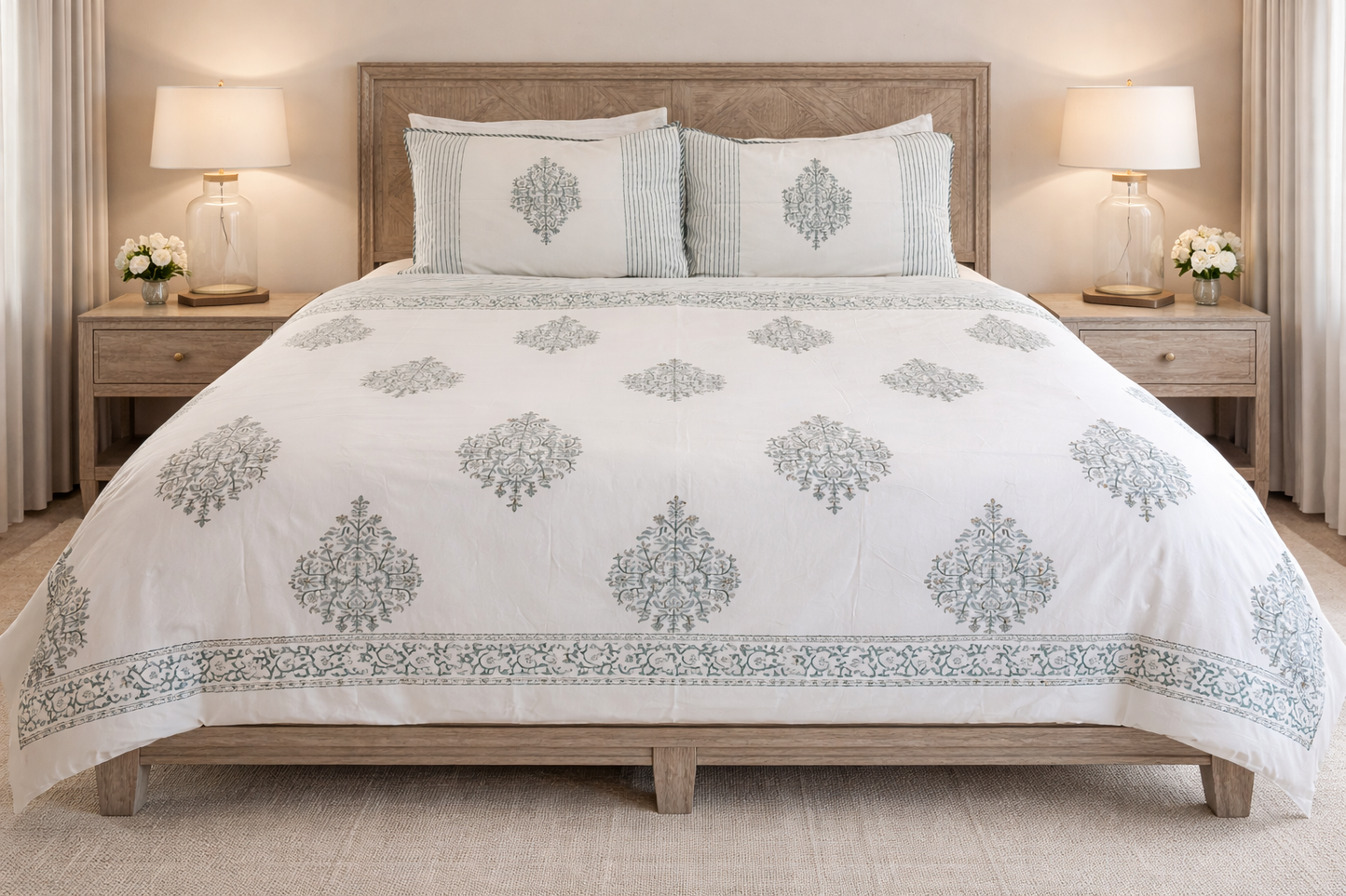 Handblock Print Organic Cotton Duvet Cover Set – Taj Mahal Inspired Damask