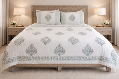 Handblock Print Organic Cotton Duvet Cover Set – Taj Mahal Inspired Damask