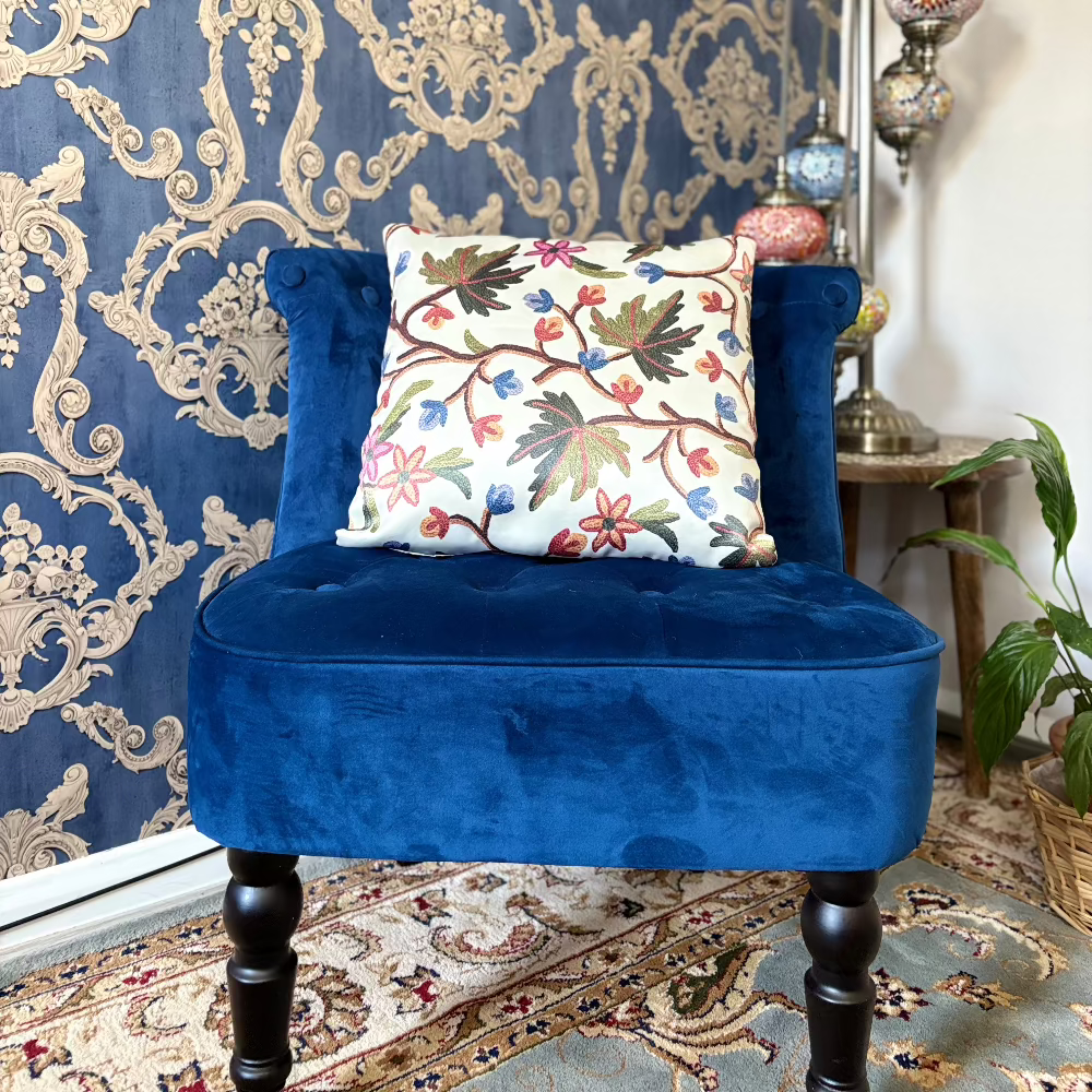 Kashmir embroidery cushion cover on chair