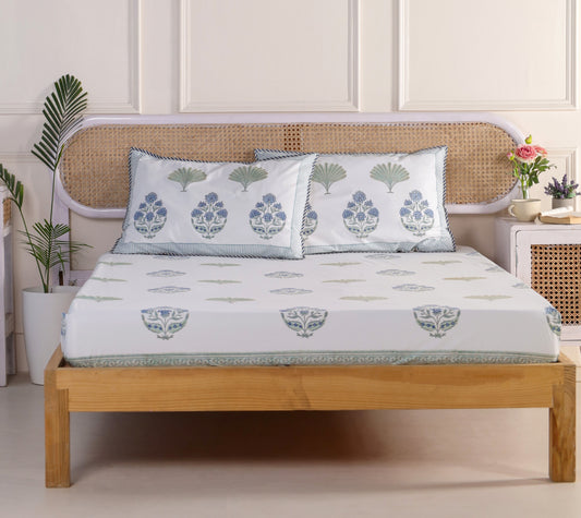 Blue Lotus Hand Block Printed Fitted Sheet 100 % Fine Organic Cotton.