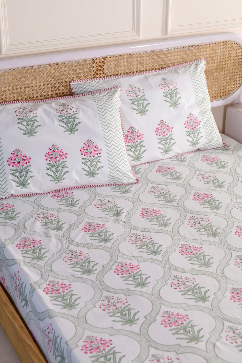 Pink Periwinkle Jaipur Hand Block Printed Fitted Sheet, 100% Fine Organic Cotton.