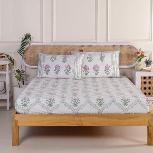 Pink Periwinkle Jaipur Hand Block Printed Fitted Sheet, 100% Fine Organic Cotton.